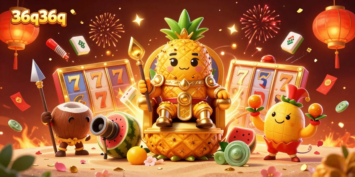 O cassino 36q36q apresenta o rei abacaxi dourado em um trono frutado, rodeado por elementos de jogos e celebração.