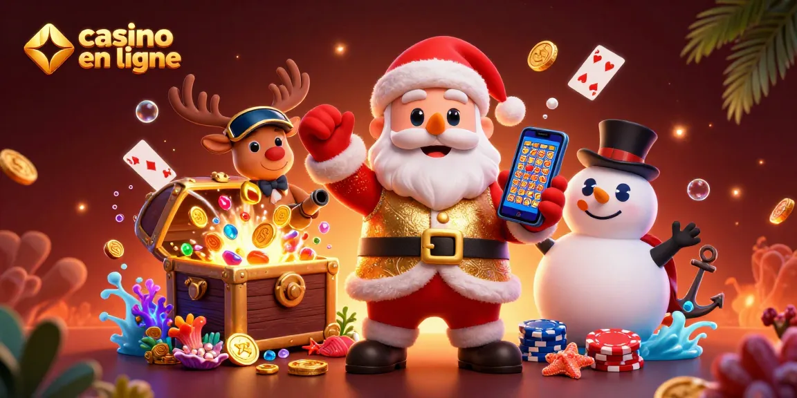 Joignez-vous à l'aventure du casino en ligne avec ce Santa amical dans une illustration vibrant de jeux et de jackpots !