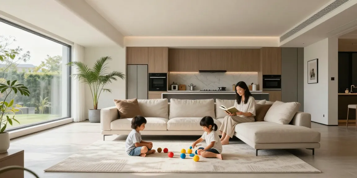 แบบบ้านชั้นเดียวสไตล์ โม เดิ ร์ น featuring a family in a bright and inviting living space.