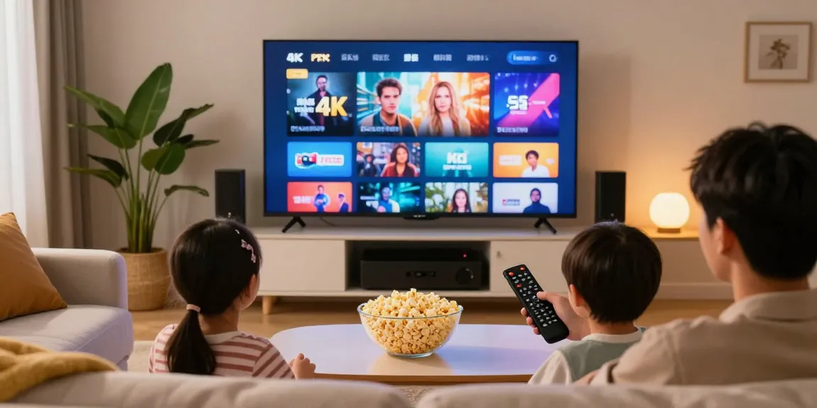 Familie genießt einen Filmabend mit 4K IPTV-Streaming im Wohnzimmer.