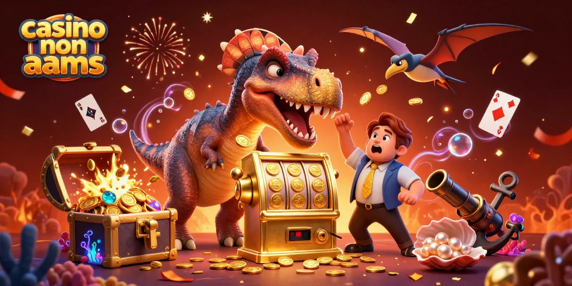 Vinci nel casino non AAMS mentre un pachycephalosauro colpisce una slot machine che eroga monete d'oro.