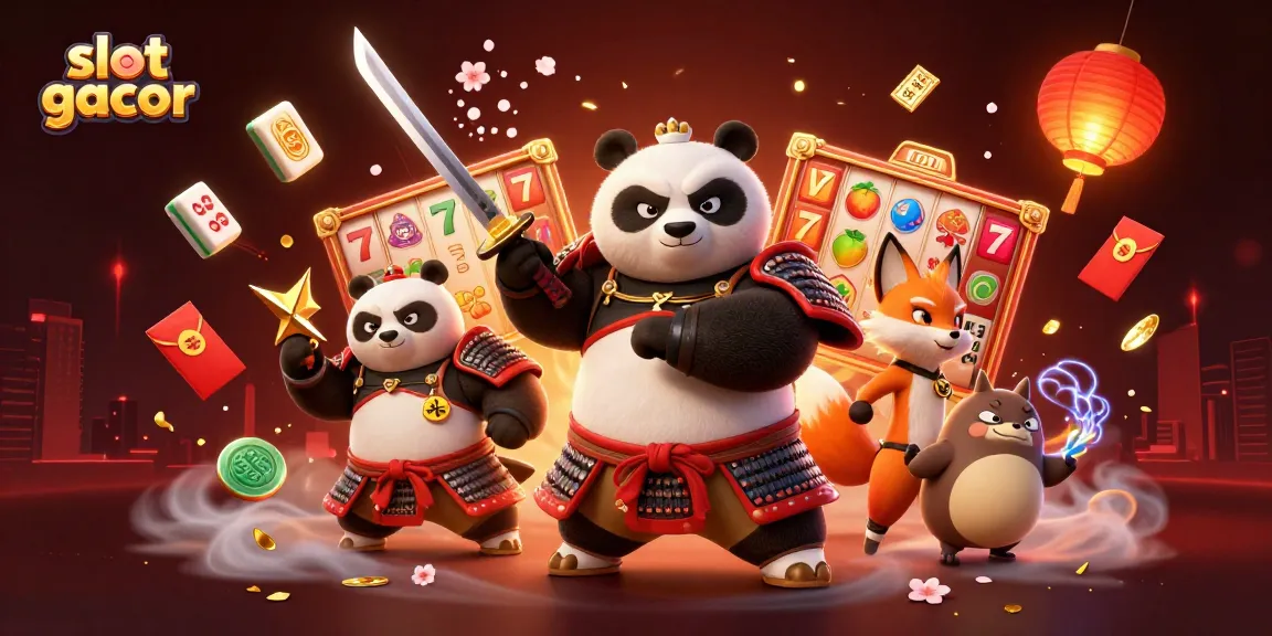 Permainan slot gacor yang mengasyikkan ditampilkan dengan panda samurai dan rubah ninja, dikelilingi elemen permainan yang kaya.