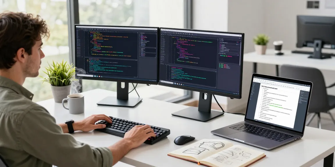 Effective 截图软件 workspace with developer and dual monitors showcasing code and design tools.