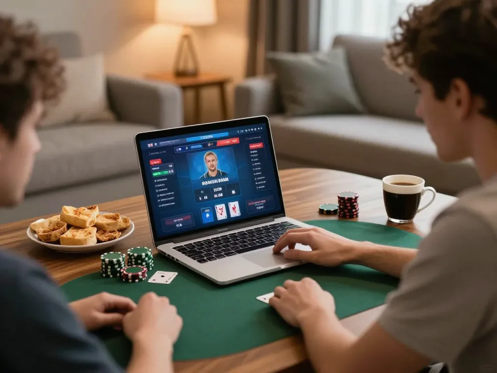 Players enjoying an online poker game on 888now in a cozy home setting, emphasizing strategic gameplay.