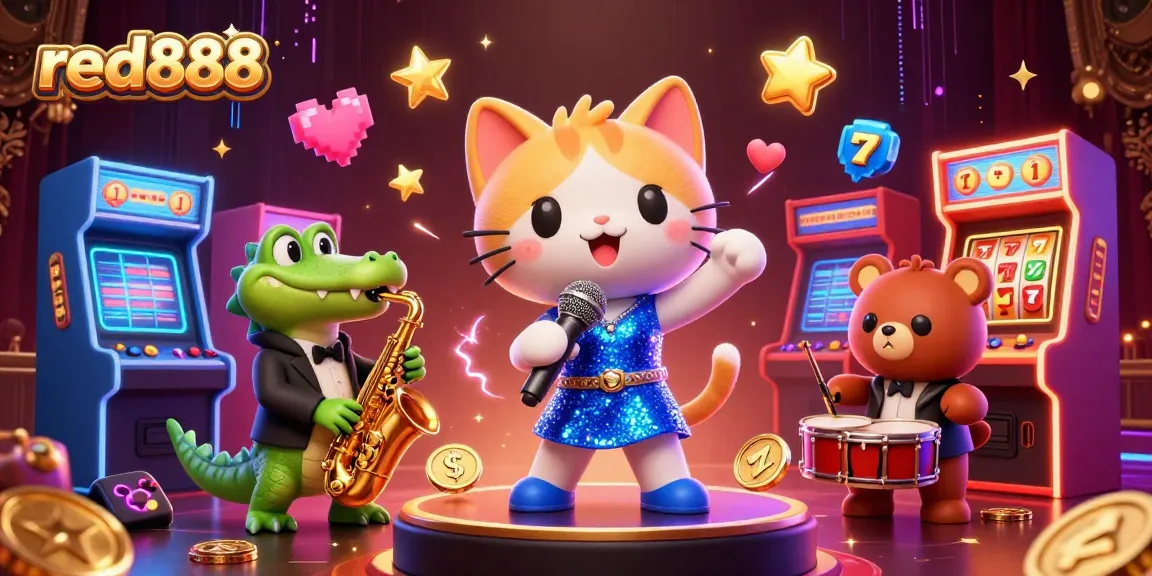 Engage with the vibrant world of red888 through a dynamic 3D casino scene featuring musical cartoon characters.