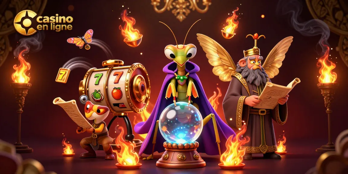 Jouer au casino en ligne dans une illustration vibrante avec des personnages mystiques et des éléments de machines à sous.