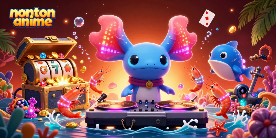 Nonton anime while experiencing vibrant casino action with bright characters and exciting game elements.