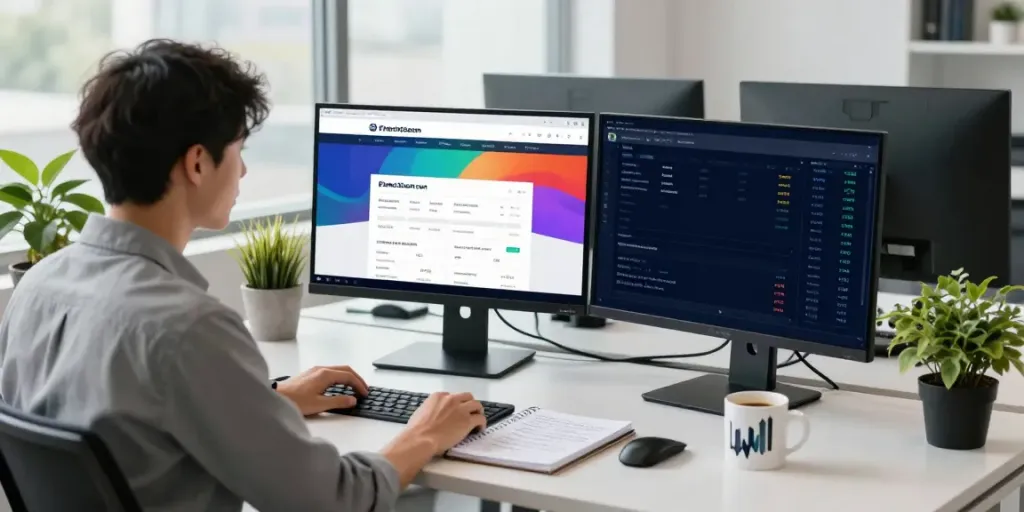 Engaged professional using FintechZoom.com for financial analysis in a modern office setting.
