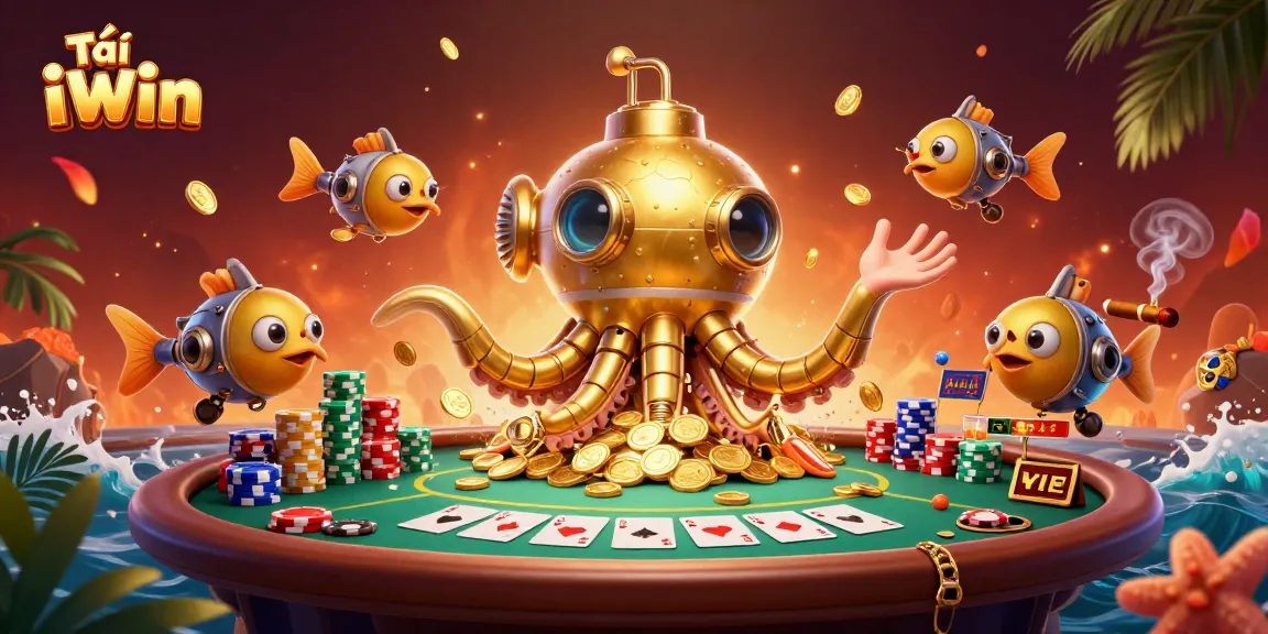 Tải iWin with a cartoon kraken submarine surfacing from golden coins beside a poker table