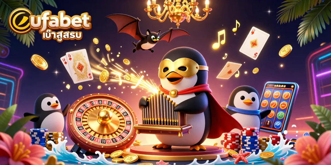 Play exciting games with ufabet เข้าสู่ระบบ, featuring vibrant golden coins, a whimsical penguin, and rich casino ambiance.