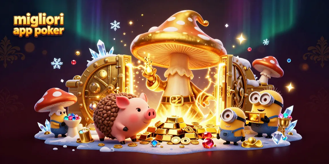 Scopri le migliori app poker in un'illustrazione fantastica su mobile, con personaggi giocosi e lussuosi tesori.