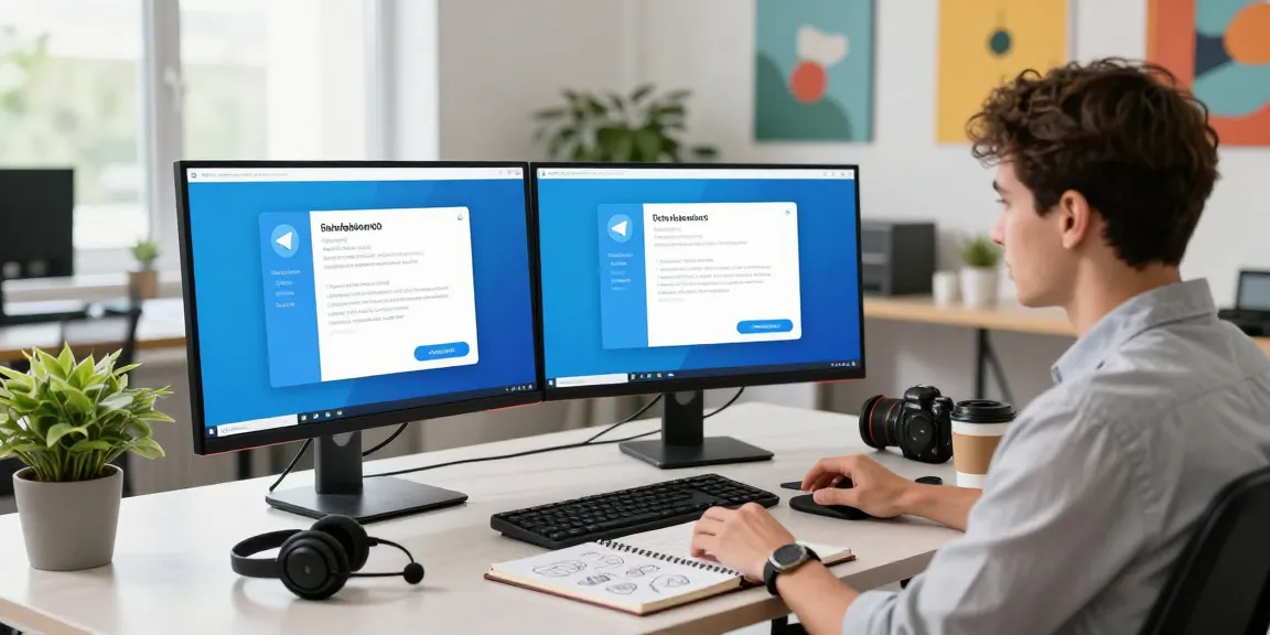 Innovative digital workspace with Telegram interface and professional engaged in video call, highlighting 纸飞机中文版官网.