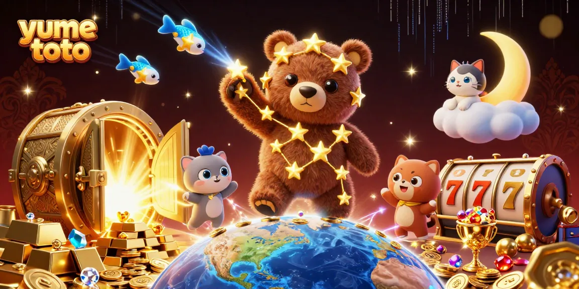 yume toto menghadirkan momen beruntung dengan kartun beruang bintang dan elemen jackpot.