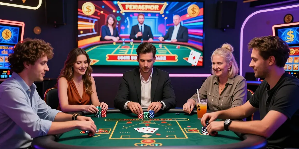 Joueurs enthousiastes découvrant des jeux de casino en ligne, ambiance lumineuse et moderne d'un casino virtuel.