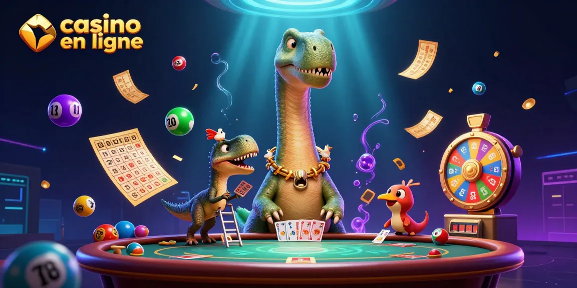 Jouer dans un casino en ligne animé avec un brontosaurus et un raptor distribuant des cartes.