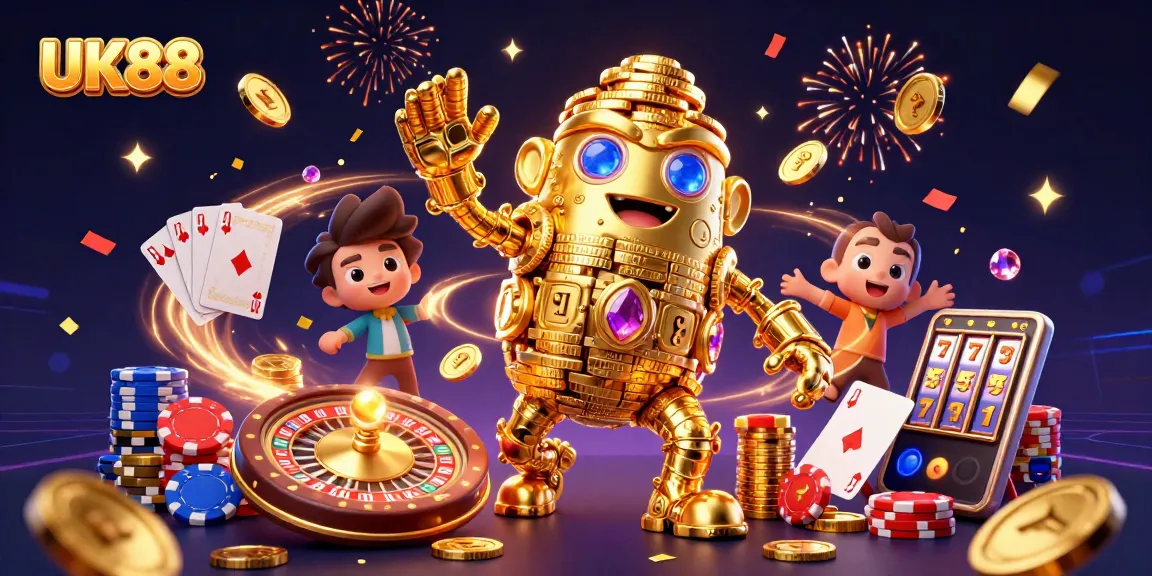 Win big with UK88's vibrant casino scene featuring a golden golem and dynamic game elements.