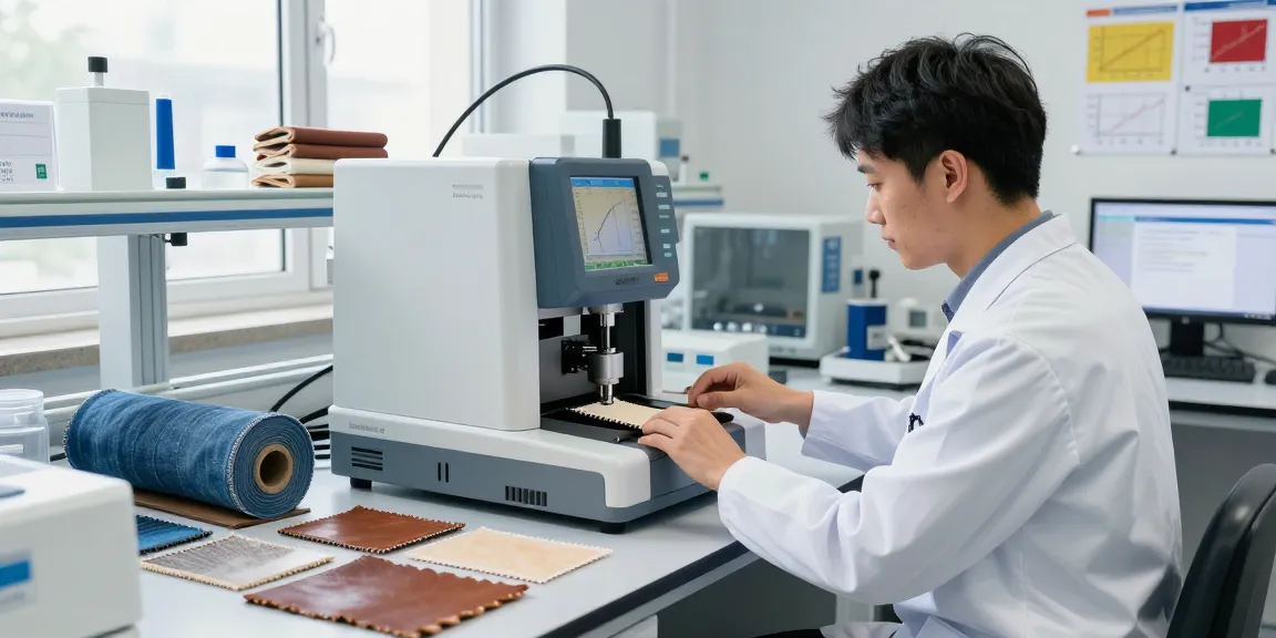 Technician operating a tensile strength tester with fabric samples in a modern lab environment.