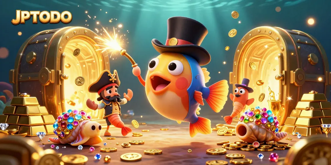 Permainan slot JPTOTO dengan karakter unik menarik koin emas di dunia bawah laut.