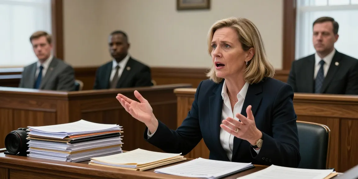 Karen McCleave Toronto presenting evidence in a serious legal setting during a murder trial.