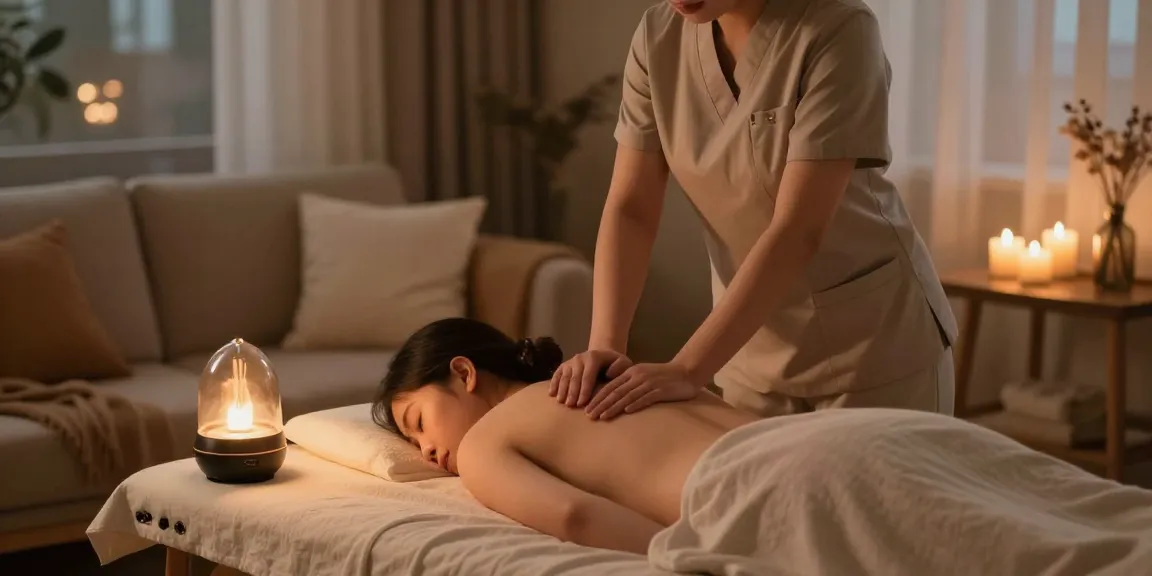 안양출장안마 at home massage service, therapist ready in cozy setting with calming ambiance.