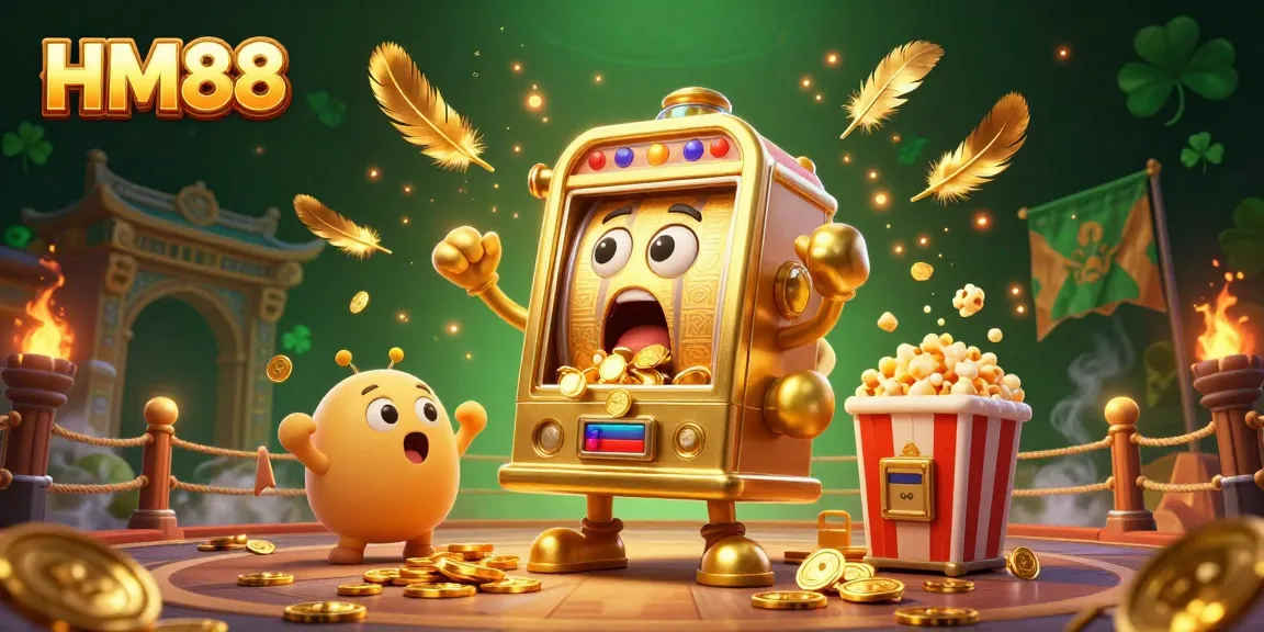 HM88's animated golden slot machine celebrates its jackpot, surrounded by cheering baby slots and golden coins.