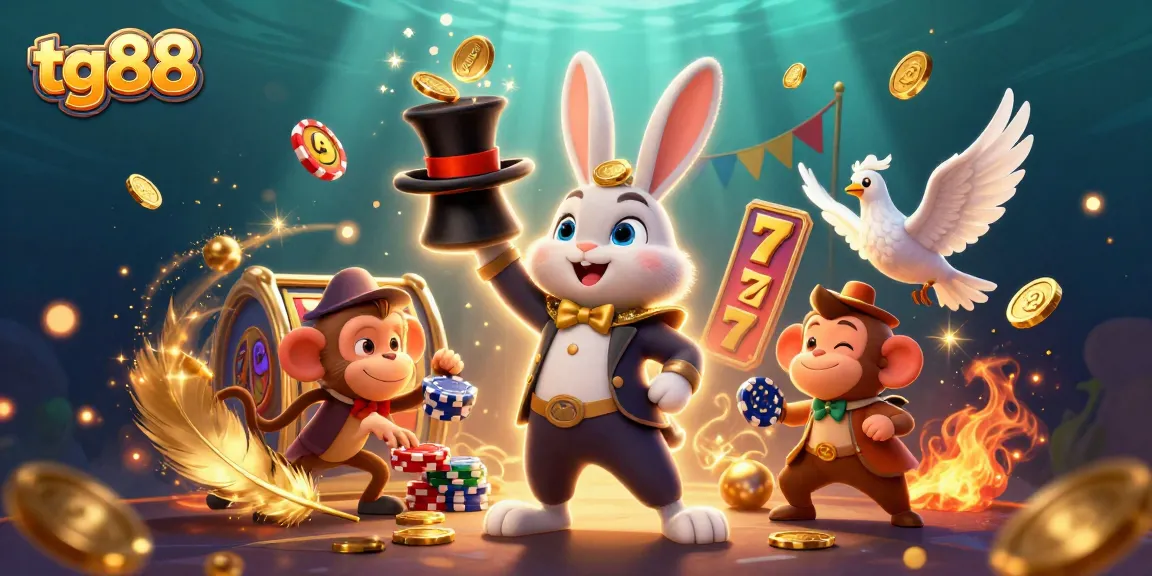 Win big with tg88's exciting slot games featuring a magician rabbit, coins, and poker chips.