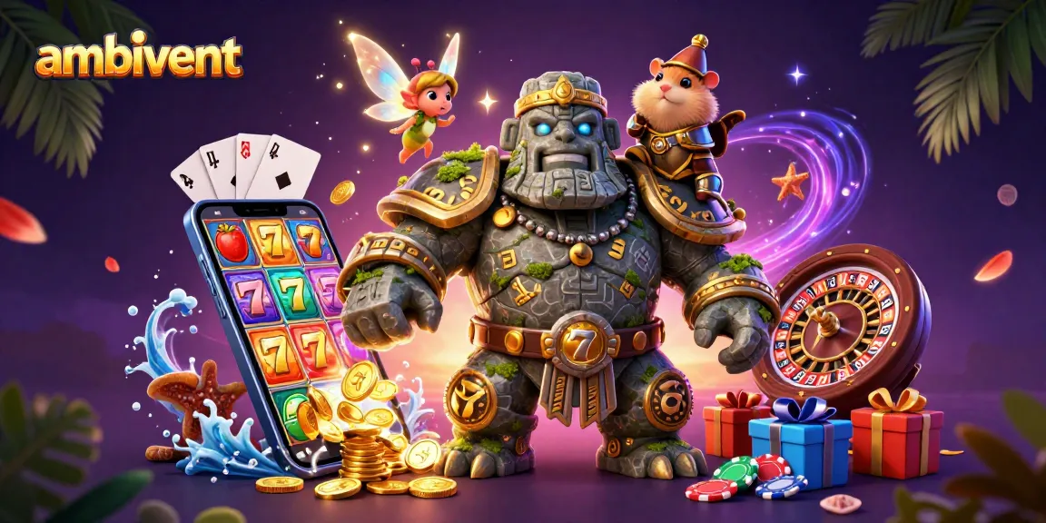 Ambivent engages with magical 3D slots as stone golem, fairy, and hamster knight celebrate winnings.