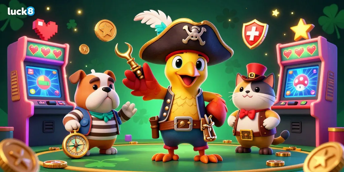 Engage with luck8's vibrant online gaming experience featuring characters and casino elements in action.