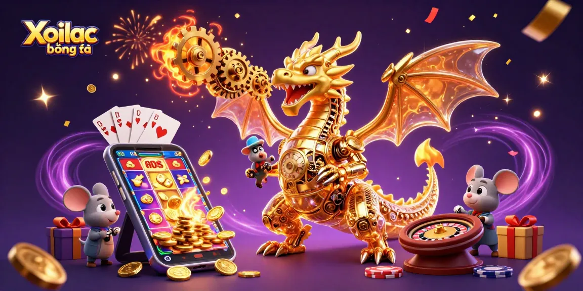 Xoilac bóng đá showcases a golden dragon and mouse engineer amidst vibrant casino elements.