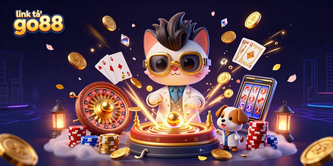 Spin and win with link tải go88 as golden coins and gems cascade in a vibrant casino scene.