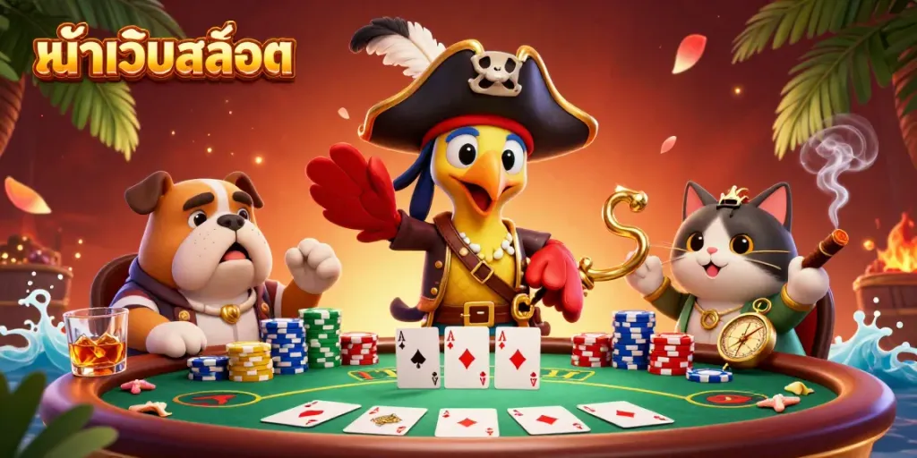 Engaging scene showcasing หน้าเว็บสล็อต with a cartoon pirate captain, bulldog first mate, and cat navigator surrounded by vibrant casino elements.