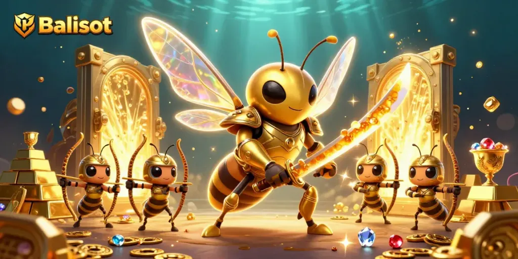 Balislot features 3D illustrated characters in a vibrant casino setting, showcasing winning moments and luxurious treasures.