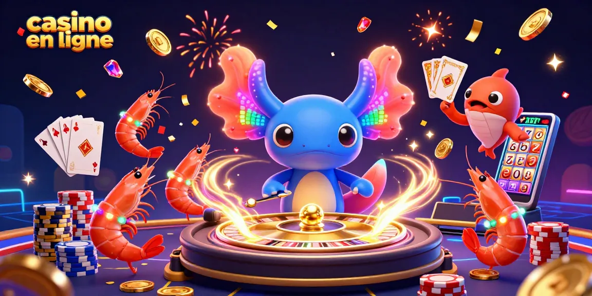 Illustration d'un casino en ligne animé avec un DJ axolotl, des pièces d'or, et des cartes à jouer.