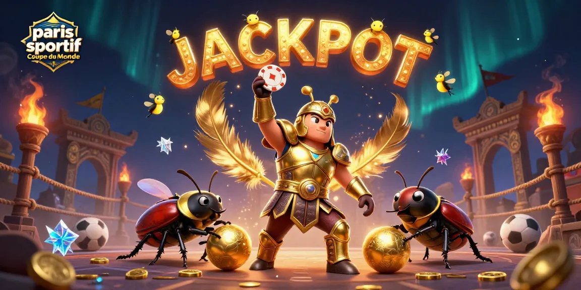Pariez sur la Coupe du Monde avec cet insecte coléoptère champion levant un jeton de poker, accompagné de son acolyte et de lucioles illuminant le ciel.