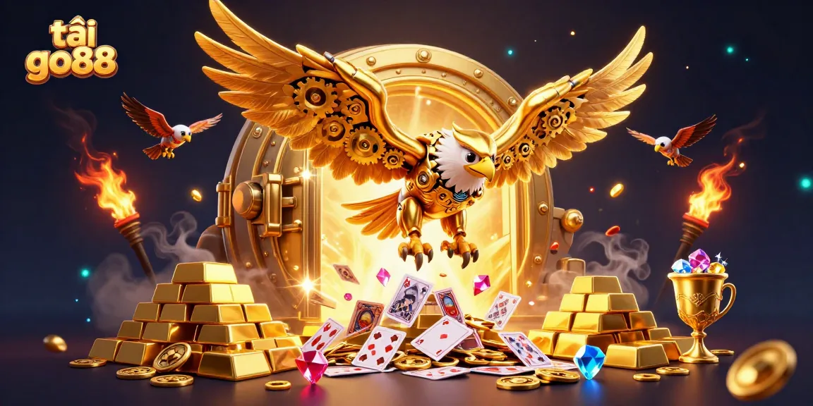 This vibrant illustration showcases tải go88 with an elite gaming experience featuring a golden eagle soaring through treasure and playing cards.