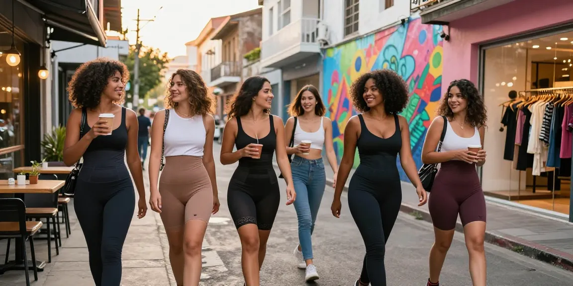 https://colombianshapeweargaless.com menampilkan perempuan percaya diri mengenakan Colombian Shapewear Galess di lingkungan urban yang berwarna-warni.