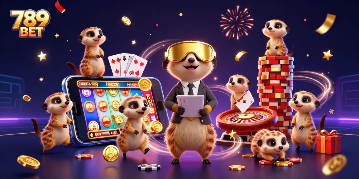 Bet on exciting games at 789 BET with meerkats running a vibrant casino environment.