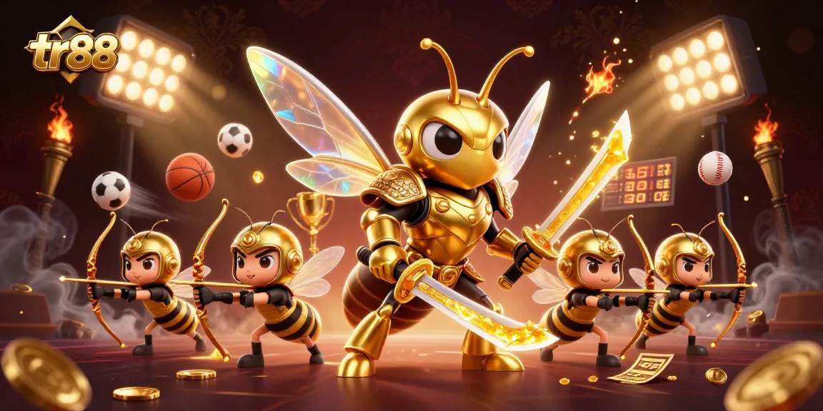Experience thrilling gaming at tr88 with a vibrant scene of golden hornet warriors facing sports action!