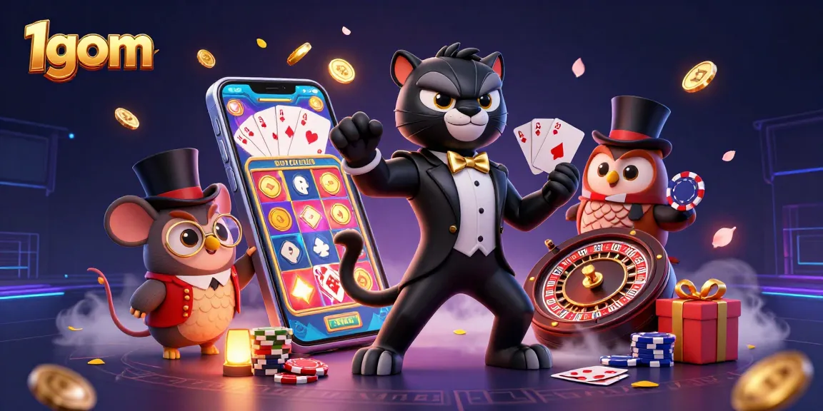 Experience thrilling gaming with 1gom, where a stylish panther deals cards amidst casino elements.