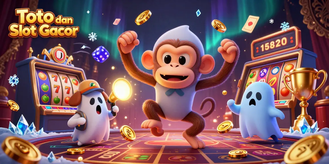 Toto dan Slot Gacor showcases an animated scene combining gambling fun with golden jackpots and lively gameplay elements.