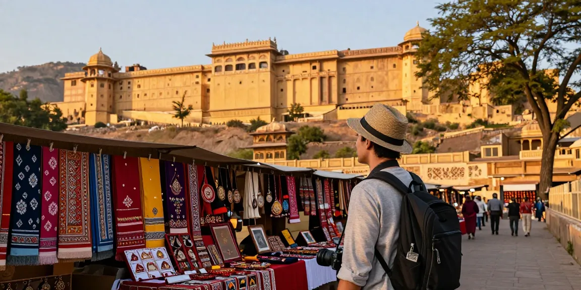Traveler at Amber Fort, exploring with a camera, showcasing the Tour and Travels Agency Jaipur experience.