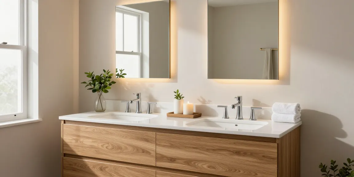 Elegant bathroom vanity featuring double sinks and quartz countertop in a modern setting.