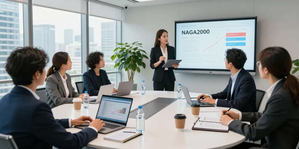 Key business professionals analyzing NAGA2000 strategies in a modern corporate meeting.