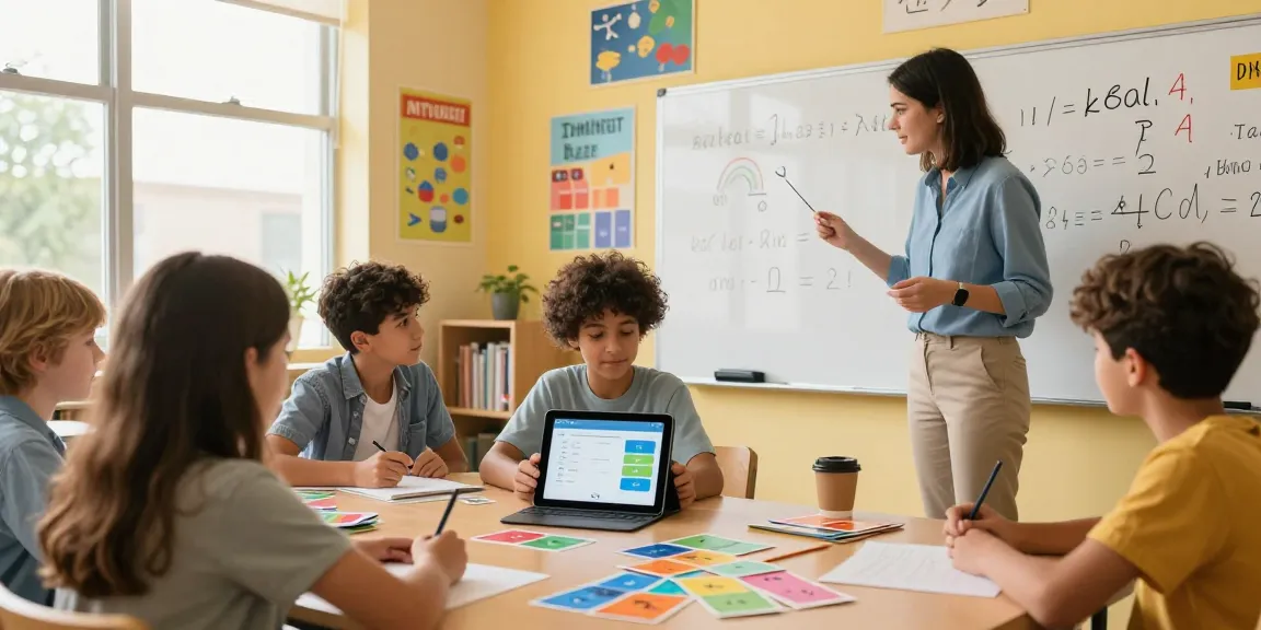 Students using a math solver tool in an interactive classroom setting