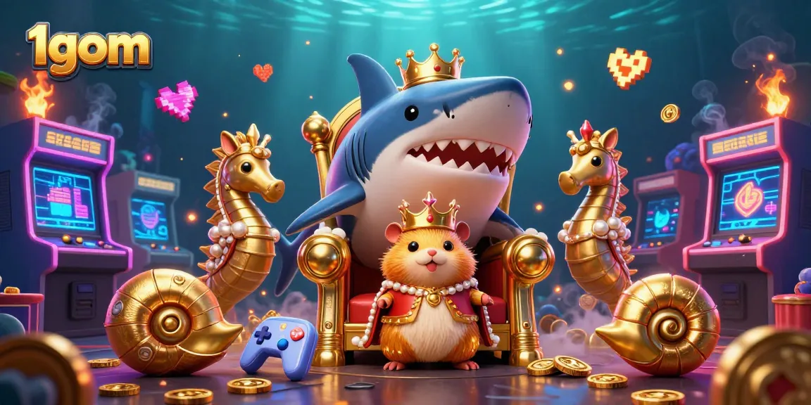 Engage in epic gaming adventures with 1gom, featuring a golden hamster king among vibrant casino decor.