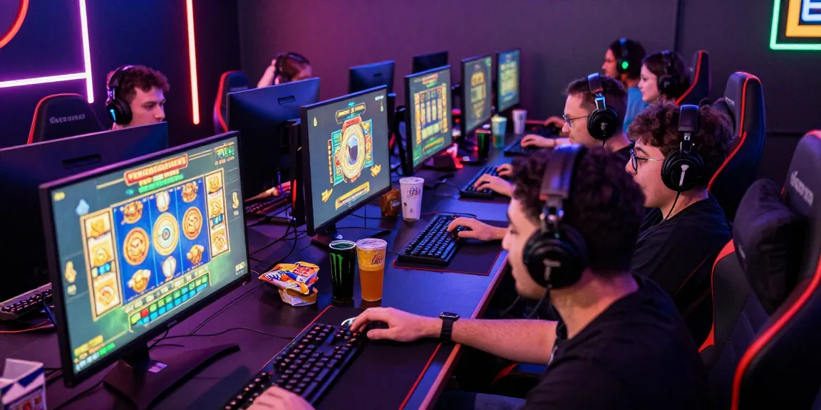 Akses rajareceh di ruang gaming modern, pemain menikmati pengalaman bermain slot dengan monitor cerah dan peralatan gaming.
