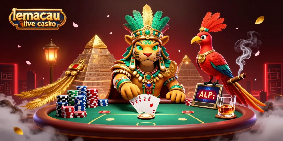 Lemacau live casino scene with dynamic poker action, featuring a vibrant Mayan jaguar priest, colorful chips, and golden symbols.