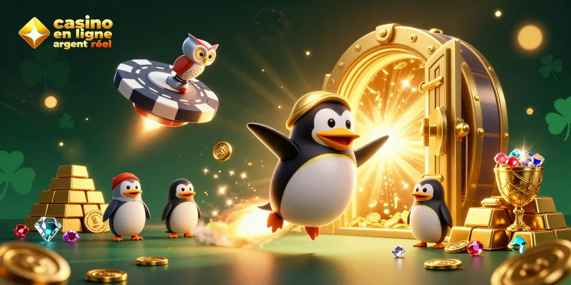 Plongez dans le monde du casino en ligne argent réel avec une illustration dynamique de personnages animés.