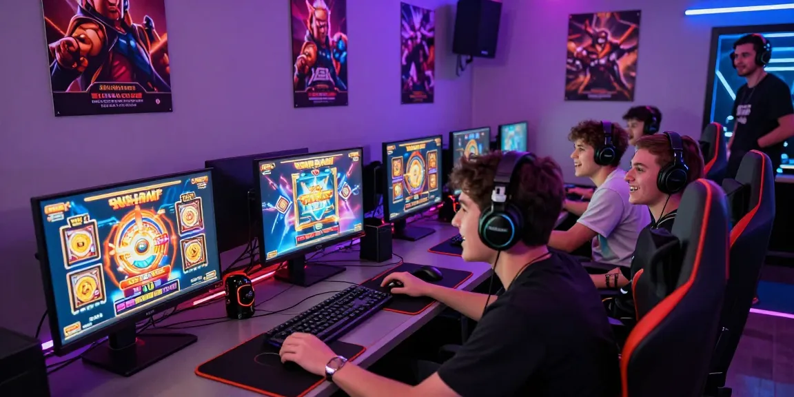 Raja receh: Pemain slot online antusias dengan grafik warna-warni di ruang permainan modern.