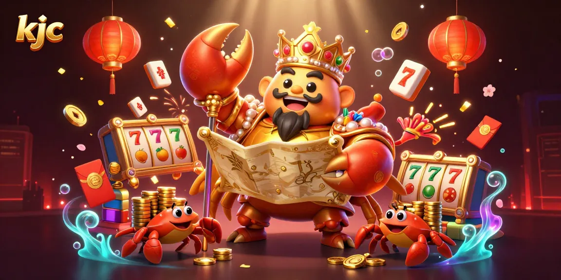Experience thrilling gaming adventures with KJC's 3D golden emperor crab, adorned in vibrant casino decorations.